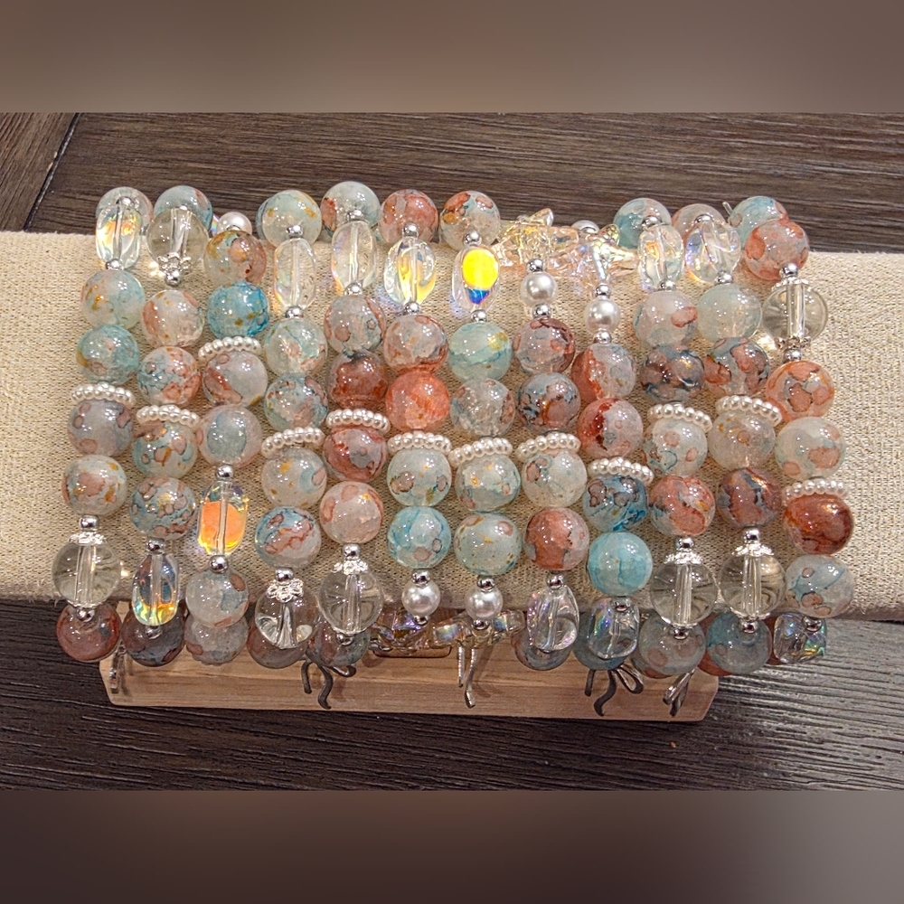 Beach Glass Beaded Bracelet – Starfish & Bow Charm +Free Gift 🎁 - Picture 7 of 7